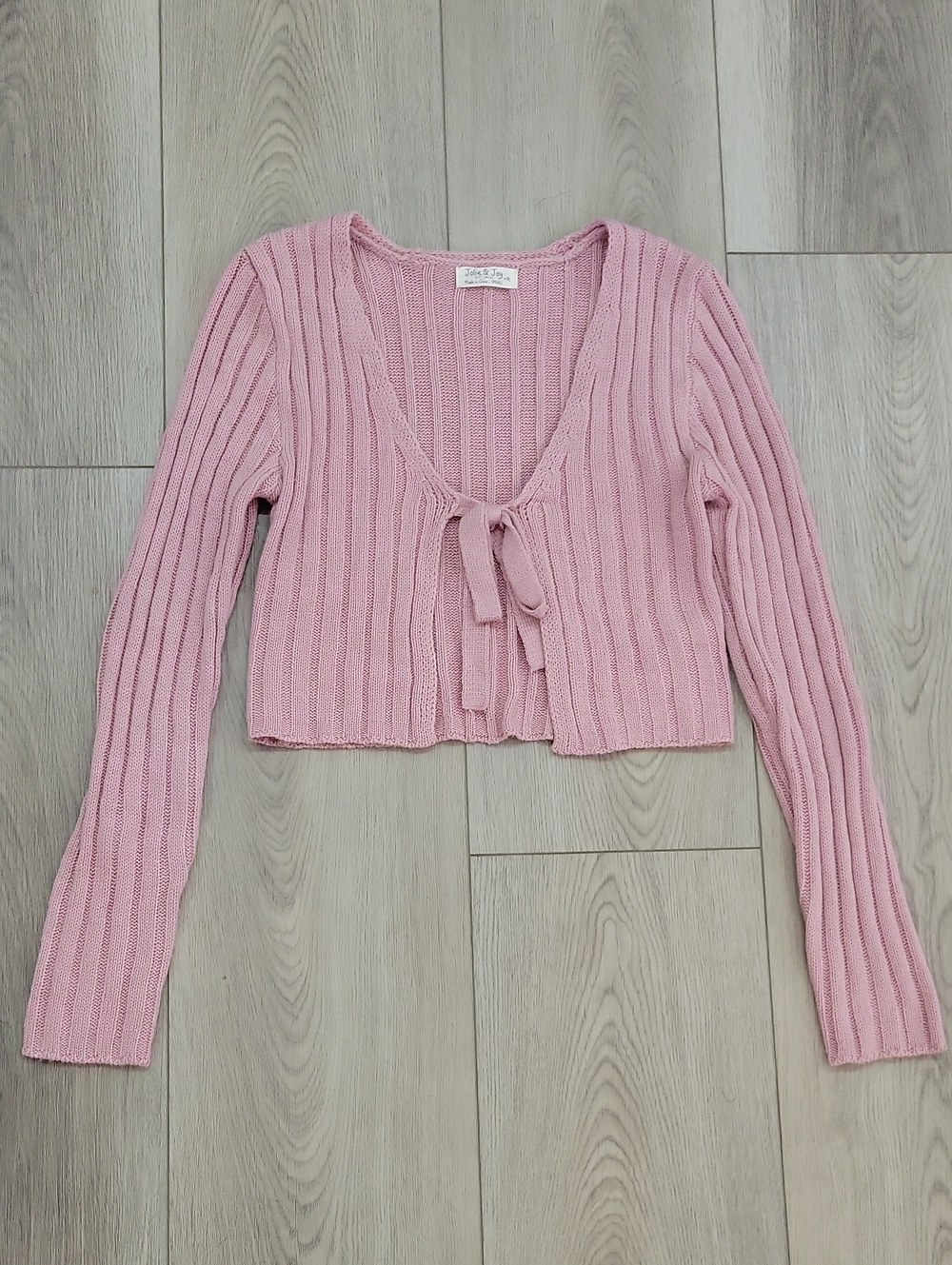 Cropped Light Pink Ribbed Tie-Front Cardigan Sweater